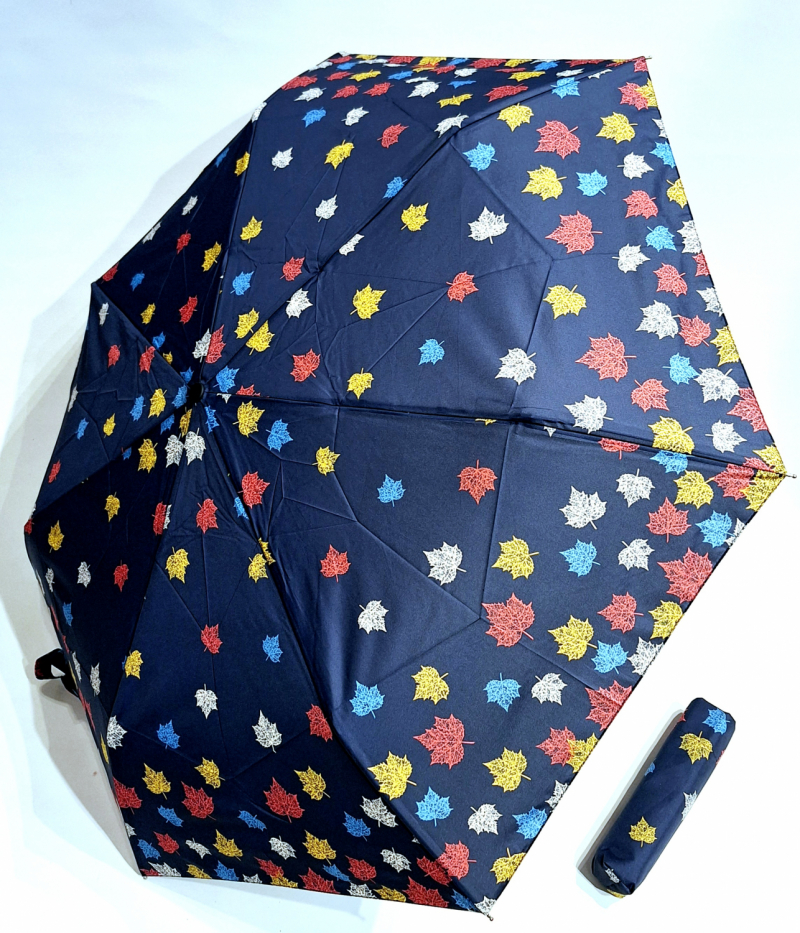 Parapluie extra fin pliant bleu marine open close feuilles colorées P.Cardin - le Slim léger 250g & solide