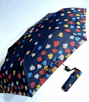 Parapluie extra fin pliant bleu marine open close feuilles colorées P.Cardin - le Slim léger 250g & solide