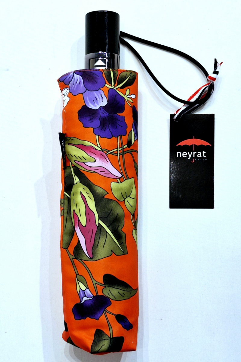 Parapluie mini pliant ouvrant & fermant orange imprimé fleurs colorées Neyrat Autun - léger et résistant