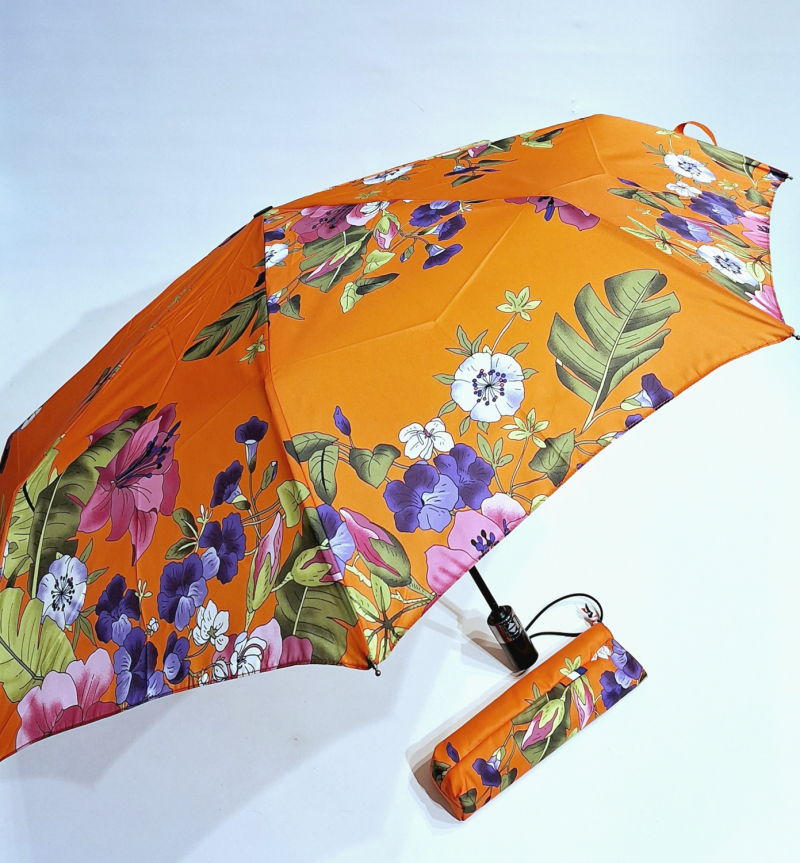 Parapluie mini pliant ouvrant & fermant orange imprimé fleurs colorées Neyrat Autun - léger et résistant