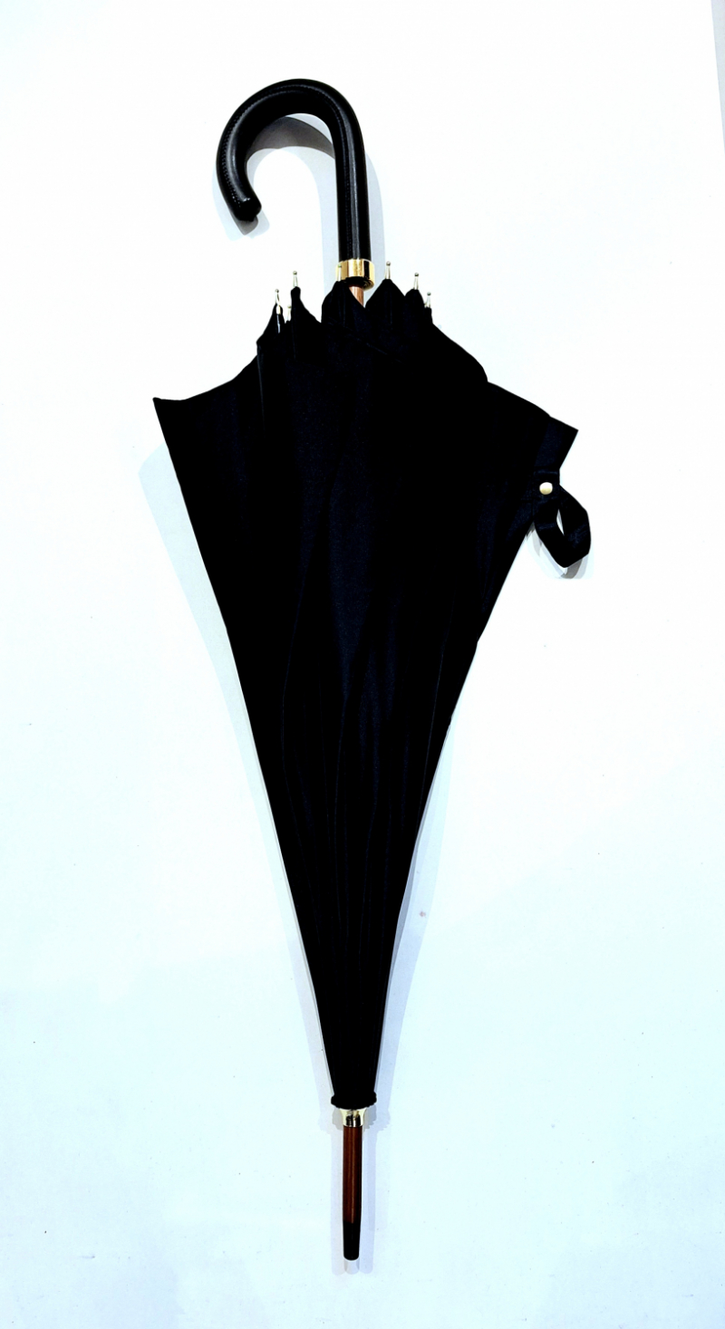 Parapluie élegant grand manuel uni noir poignée Cuir noir 10 branches Français - grand et résistant