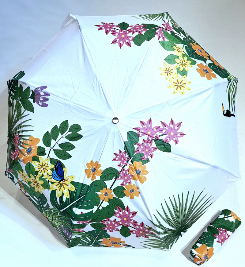 Parapluie mini pliant ouvrant fermant blanc imprimé grande végétation & Toucan Tigre - Neyrat Français - Solide & résistant