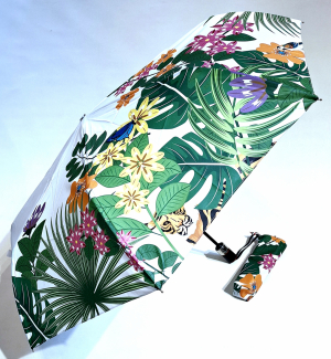 Parapluie mini pliant ouvrant fermant blanc imprimé grande végétation & Toucan Tigre - Neyrat Français - Solide & résistant