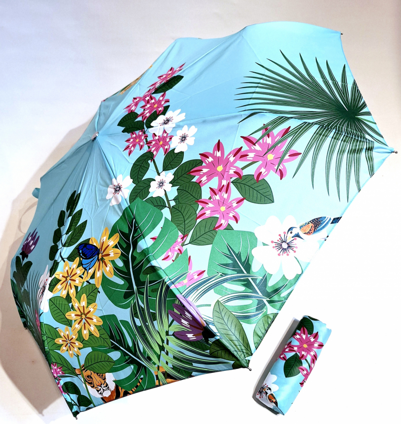 Parapluie mini pliant ouvrant fermant vert d'eau imprimé grande végétation Neyrat - Toucan - Tigre - Français - léger & résistant