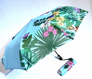 Parapluie mini pliant ouvrant fermant vert d'eau imprimé grande végétation Neyrat - Toucan - Tigre - Français - léger & résistant