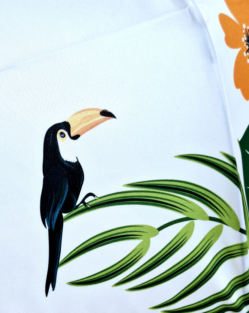 Parapluie grand français manuel poignée bois blanc blanc & vert imprimé exotique de plantes & animaux - léger & solide