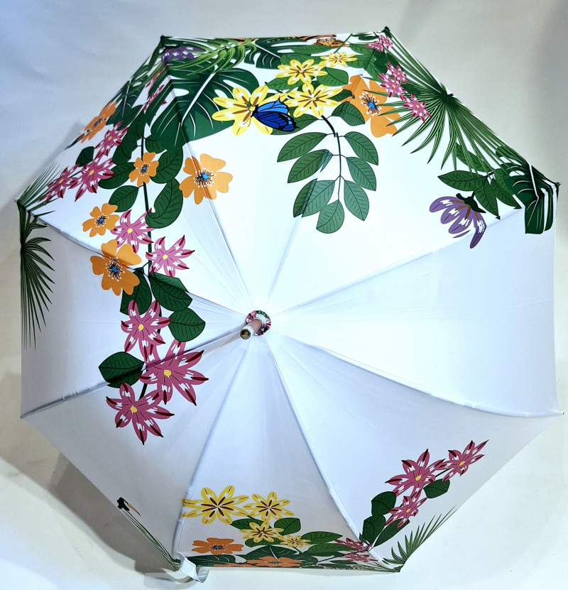 Parapluie grand français manuel poignée bois blanc blanc & vert imprimé exotique de plantes & animaux - léger & solide