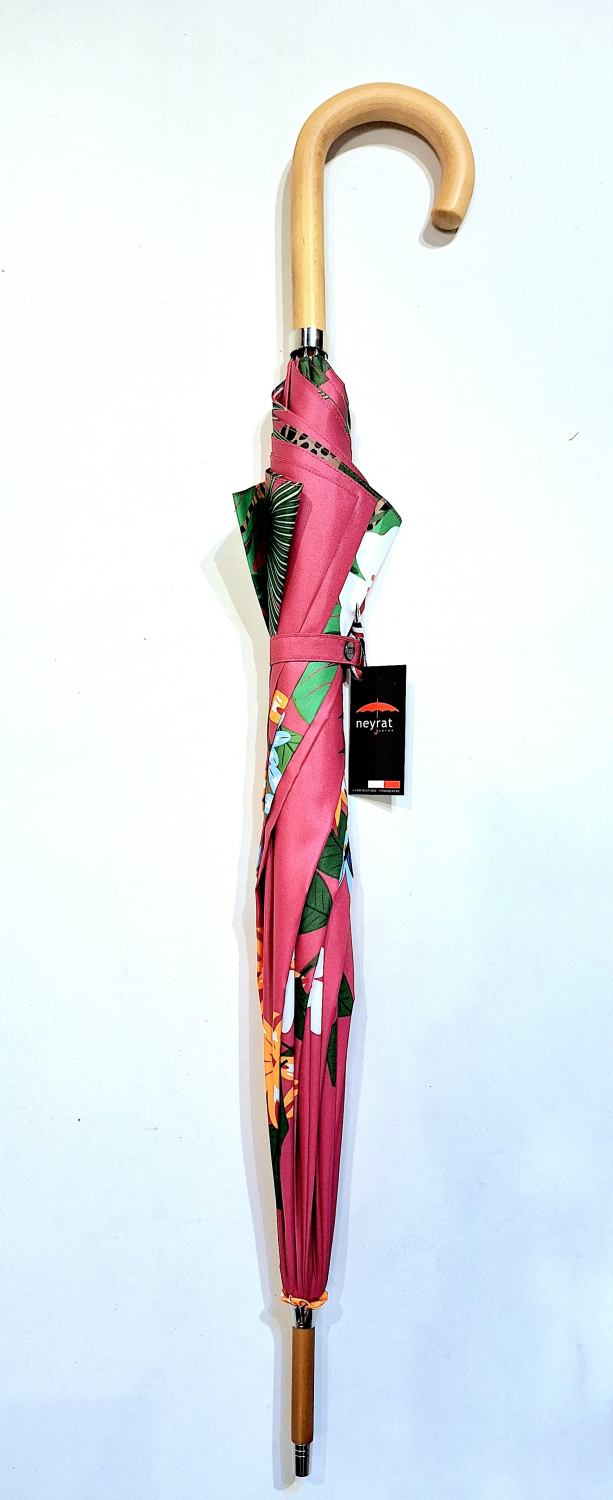 Parapluie grand manuel poignée bois rose framboisé imprimé plantes & animaux exotique français - léger & résistant