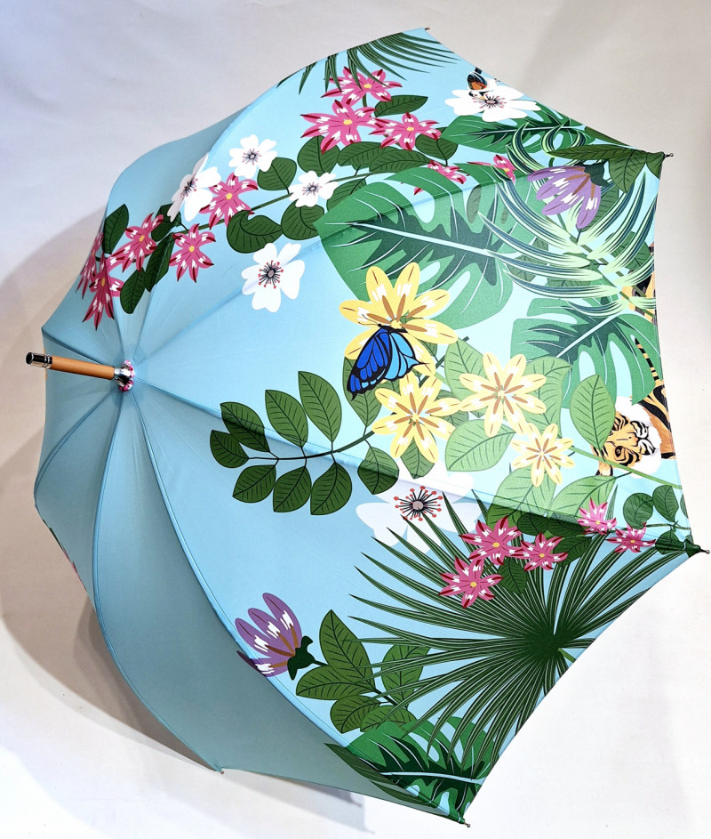 Parapluie grand manuel poignée bois vert d'eau imprimé exotique français - léger & résistant