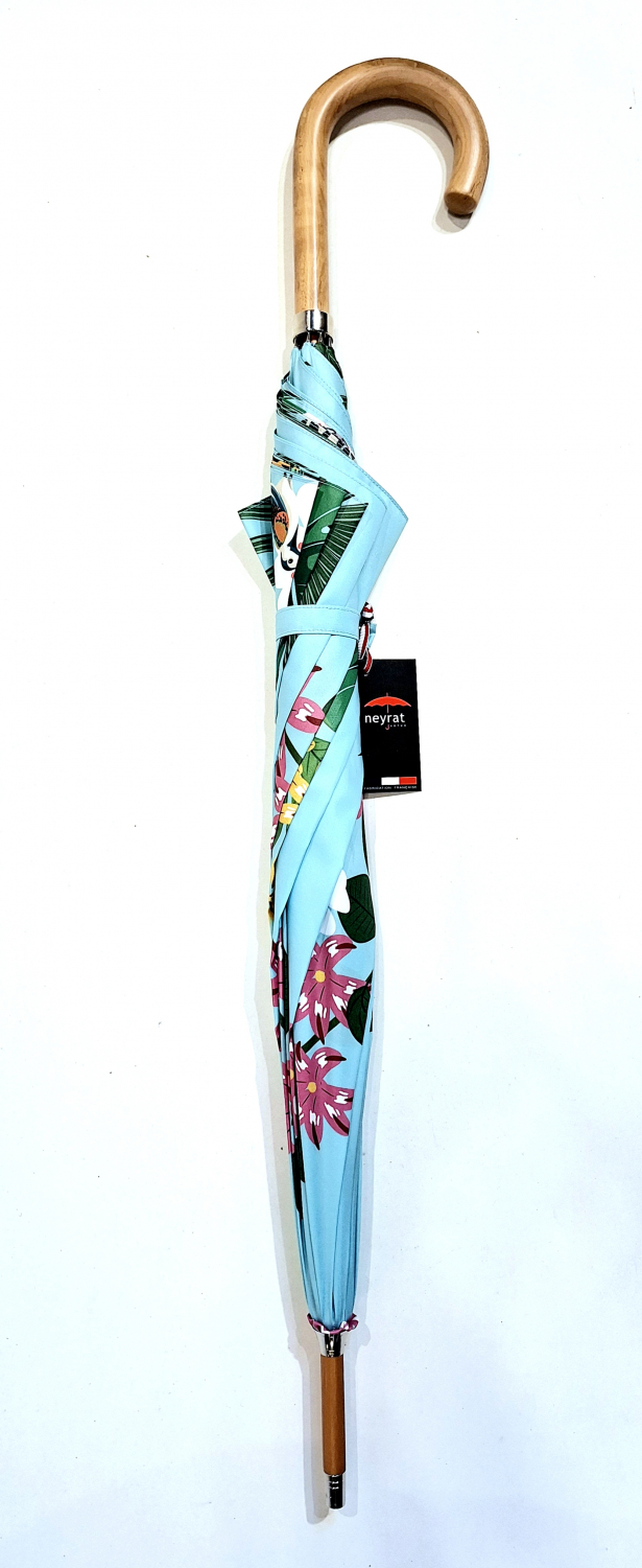 Parapluie grand manuel poignée bois vert d'eau imprimé exotique français - léger & résistant