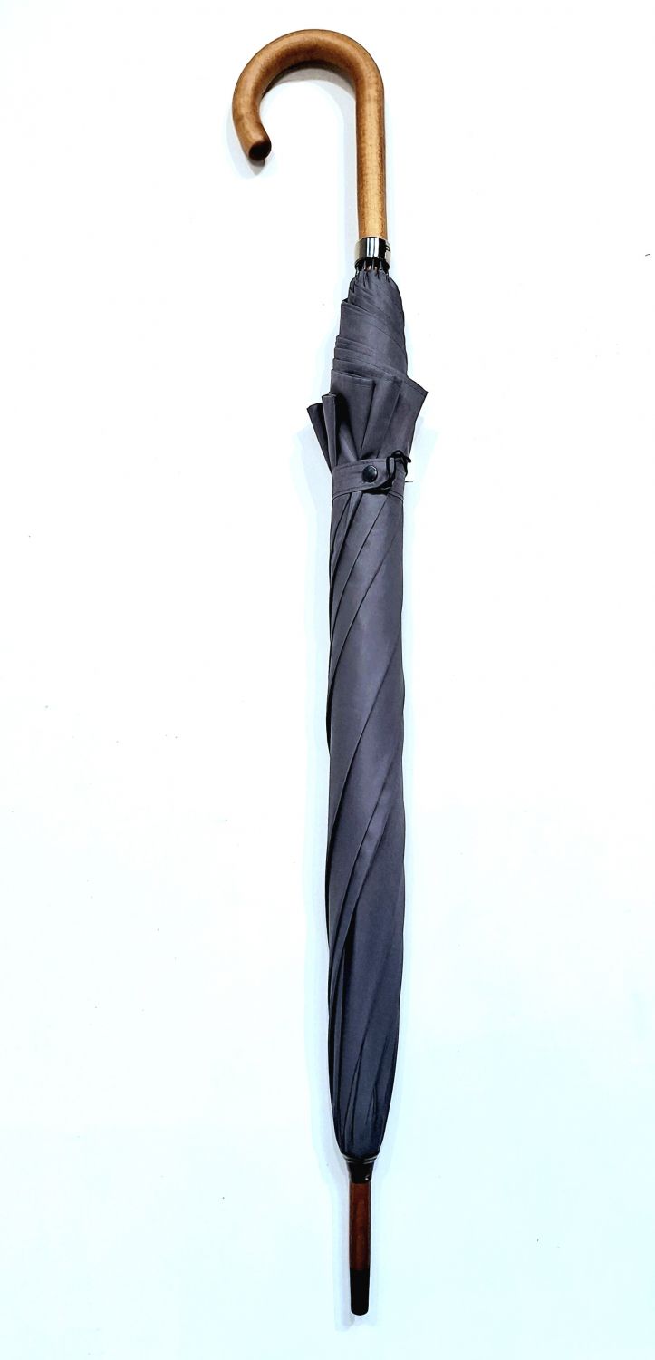 EXCLUSIF : Parapluie long bois manuel uni gris français ne se retourne pas - Léger & solide