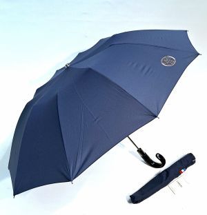 Parapluie Lancel pliant 10 branches uni bleu marine poignée bois en noir gansé cuir - Grand / Résistant / Français