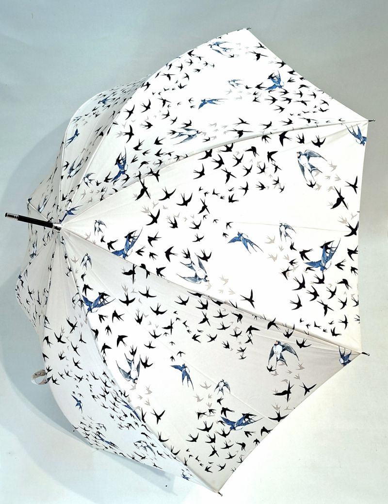 Parapluie Vaux français long auto imprimé hirondelles écru - Qualité fait main - grand & résistant