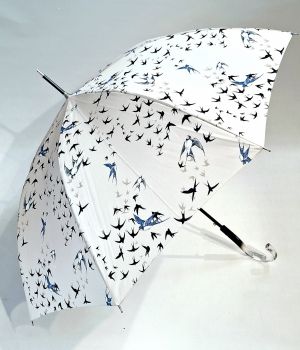 Parapluie Vaux français long auto imprimé hirondelles écru - Qualité fait main - grand & résistant