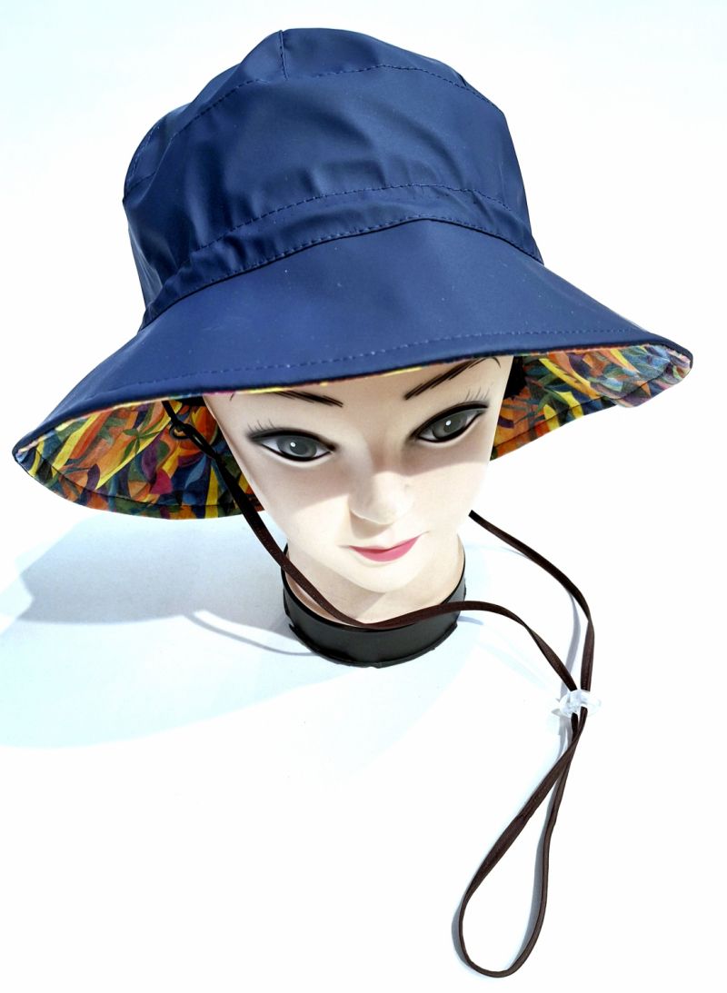 Chapeau de pluie français tissu déperlant uni vert /canard mâte bord imprimé - Cloumabic - Ajustable T 55 / 58 cm