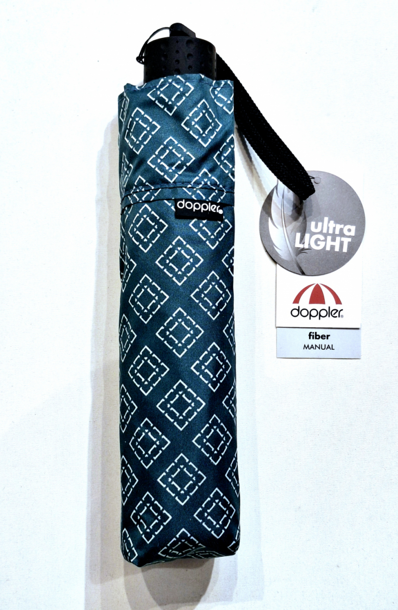 Parapluie Doppler PLUME pliant Fiber Havanna gris bleu imprimé de losange  - Super léger 140g & Elégant