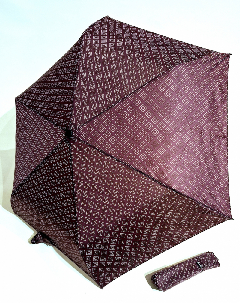 Parapluie Doppler PLUME pliant Fiber Havanna bordeaux imprimé losange - Super léger 140g & Elegant