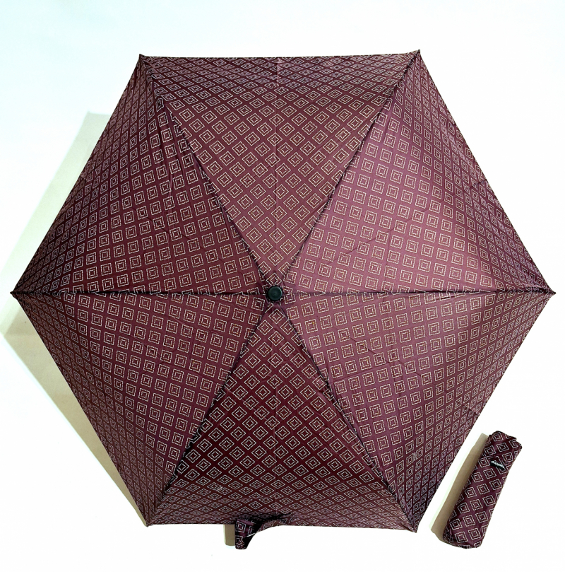 Parapluie Doppler PLUME pliant Fiber Havanna bordeaux imprimé losange - Super léger 140g & Elegant