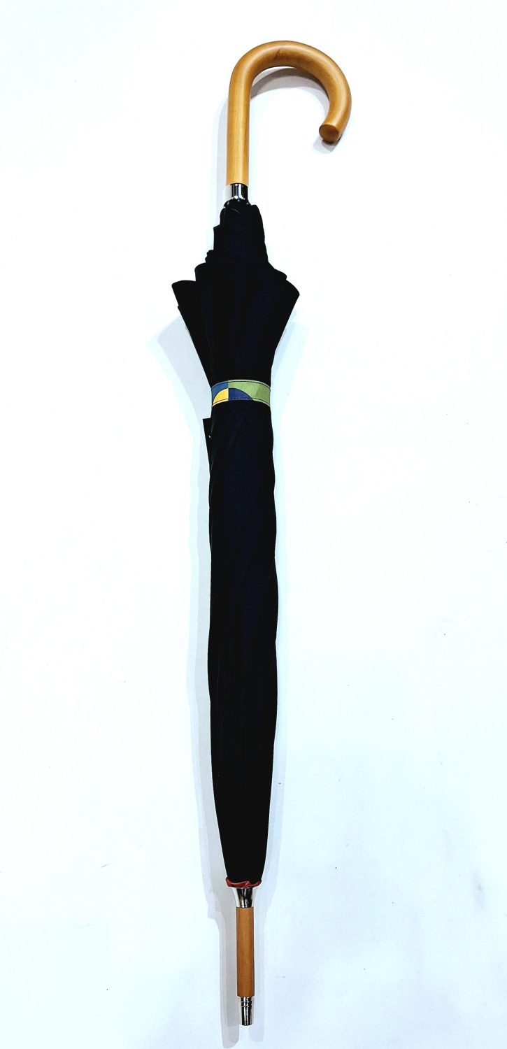 Grand parapluie doubltoile noir imprimé bleu graphine 70 manuel pgn bois - robuste & français