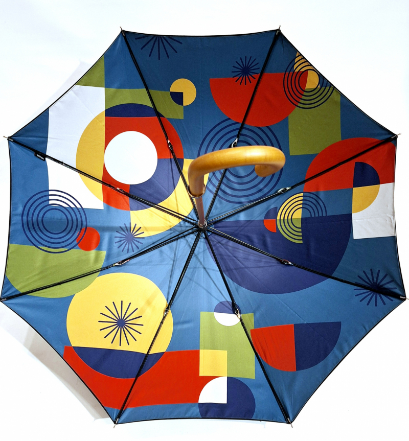 Grand parapluie doubltoile noir imprimé bleu graphine 70 manuel pgn bois - robuste & français