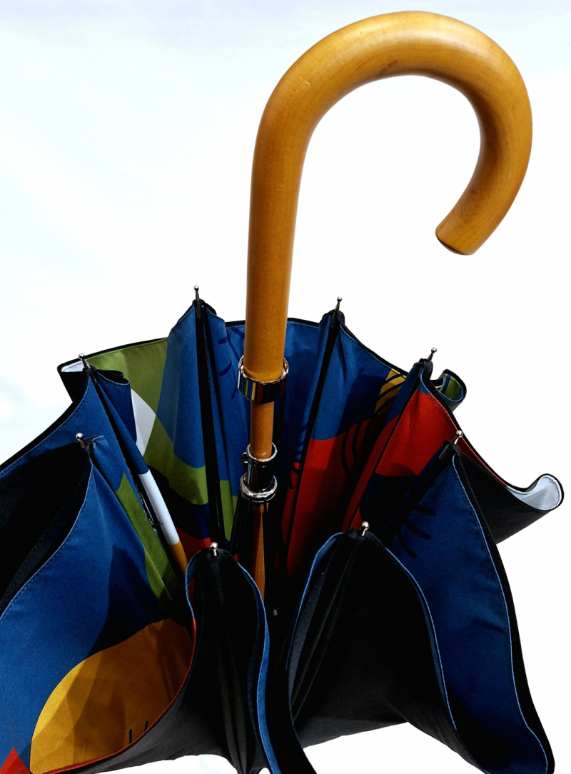 Grand parapluie doubltoile noir imprimé bleu graphine 70 manuel pgn bois - robuste & français