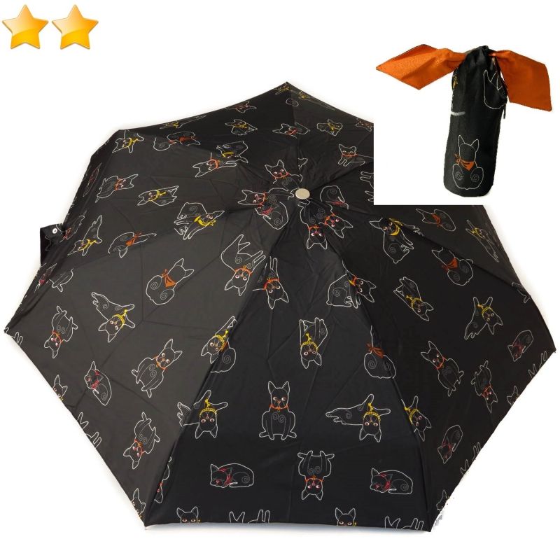 Micro parapluie de poche noir chiens à fourreau noeud orange P.Vaux, léger et résistant