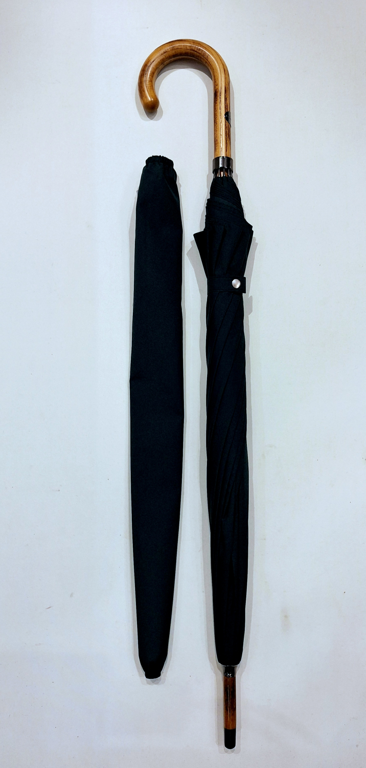 Parapluie français grand élégant uni vert sapin manuel 10 branches / Poignée bois claire - Résistant - 110cm diam & Fait main