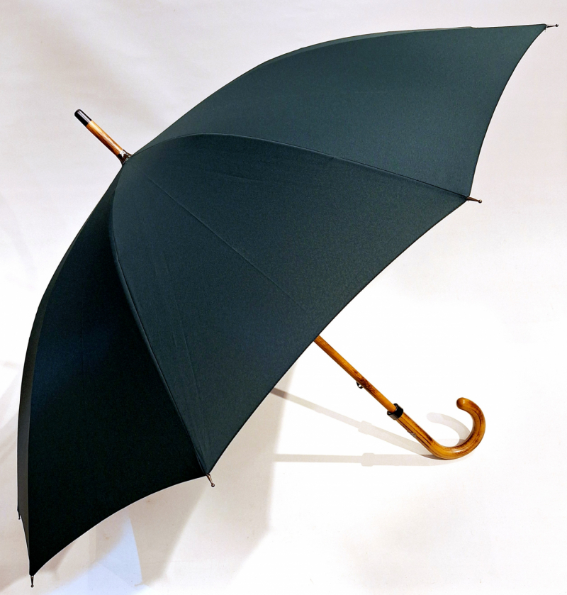 Parapluie français grand élégant uni vert sapin manuel 10 branches / Poignée bois claire - Résistant - 110cm diam & Fait main