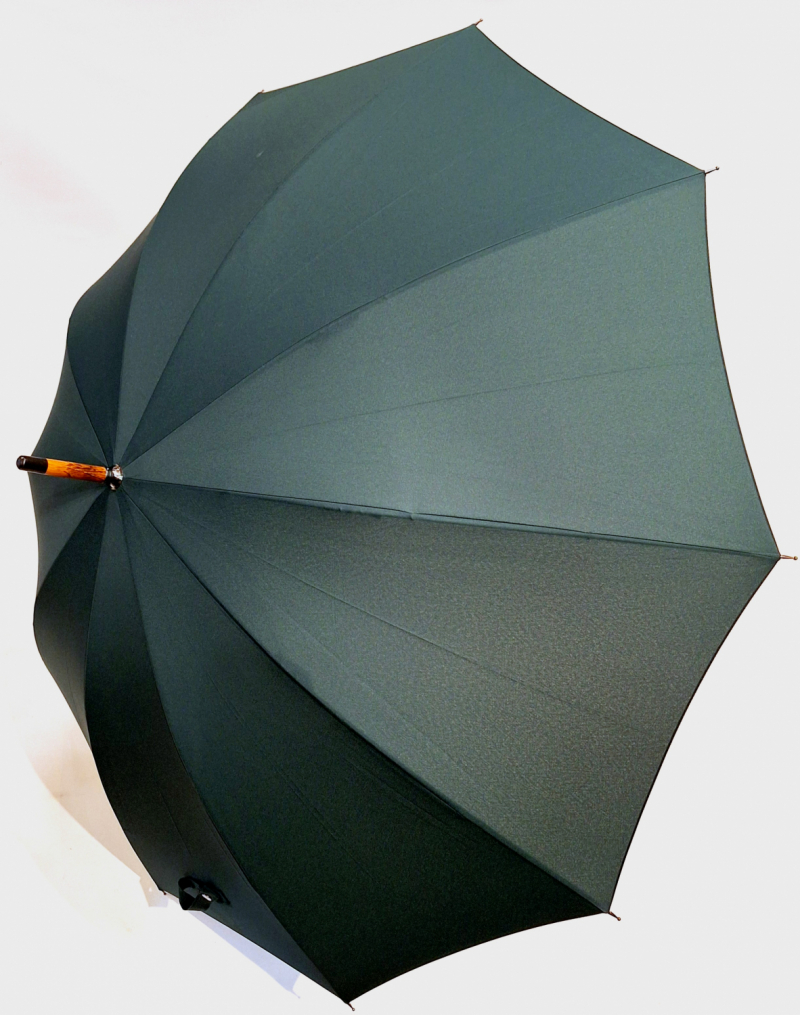 Parapluie français grand élégant uni vert sapin manuel 10 branches / Poignée bois claire - Résistant - 110cm diam & Fait main