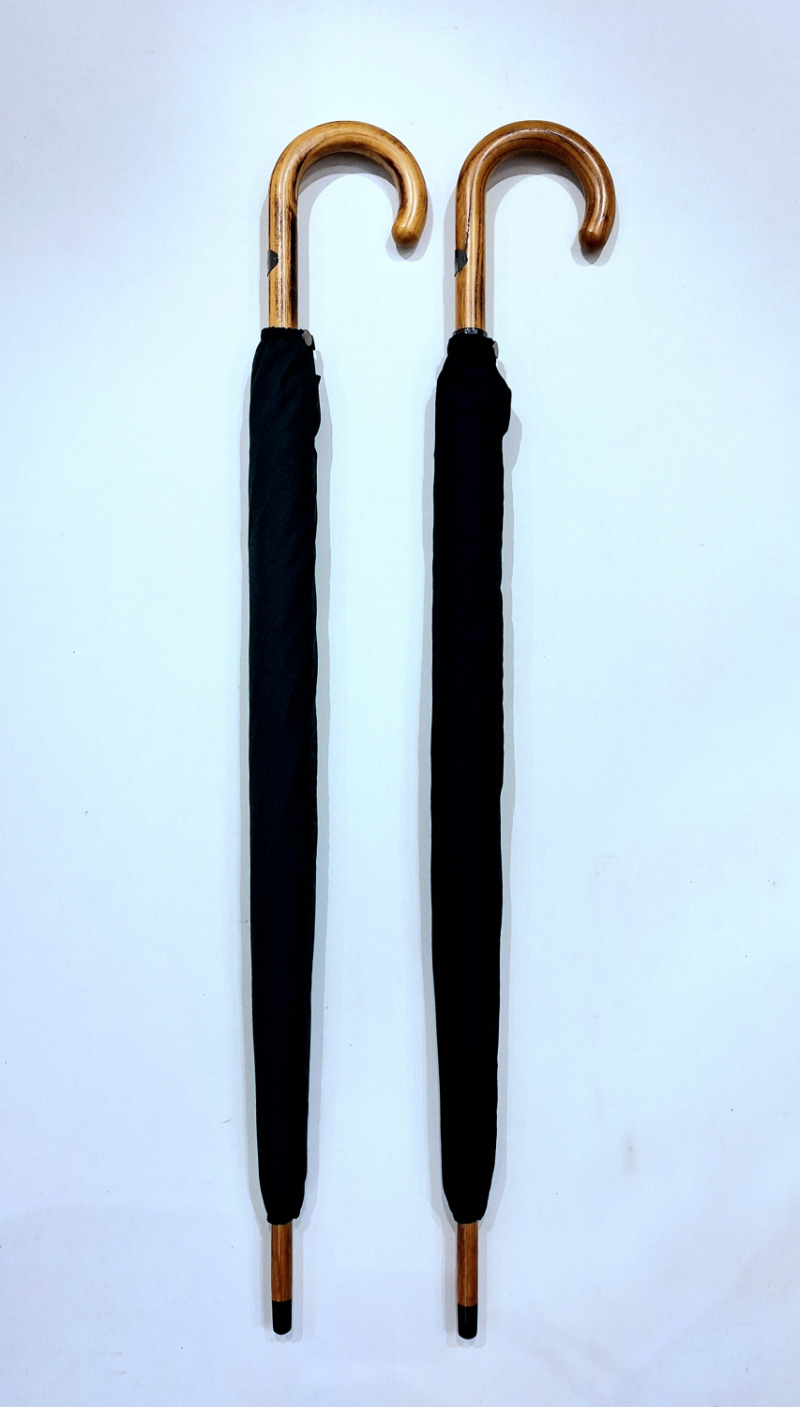 Parapluie français grand élégant uni vert sapin manuel 10 branches / Poignée bois claire - Résistant - 110cm diam & Fait main