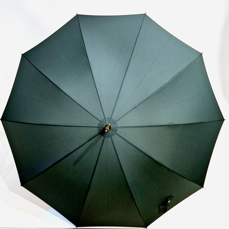 Parapluie français grand élégant uni vert sapin manuel 10 branches / Poignée bois claire - Résistant - 110cm diam & Fait main