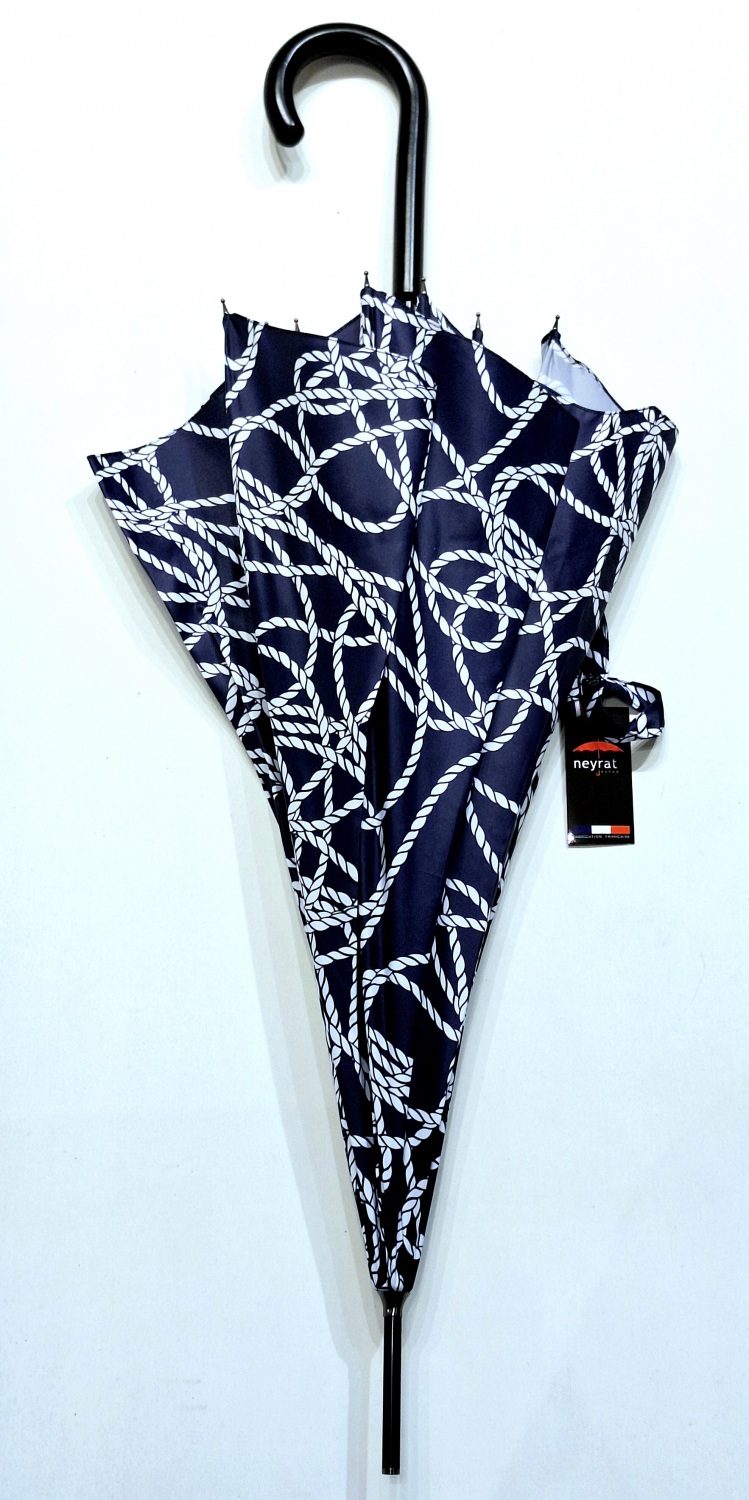 Parapluie grand élégant bleu marine / rose imprimé cordon Neyrat Français - Léger & résistant