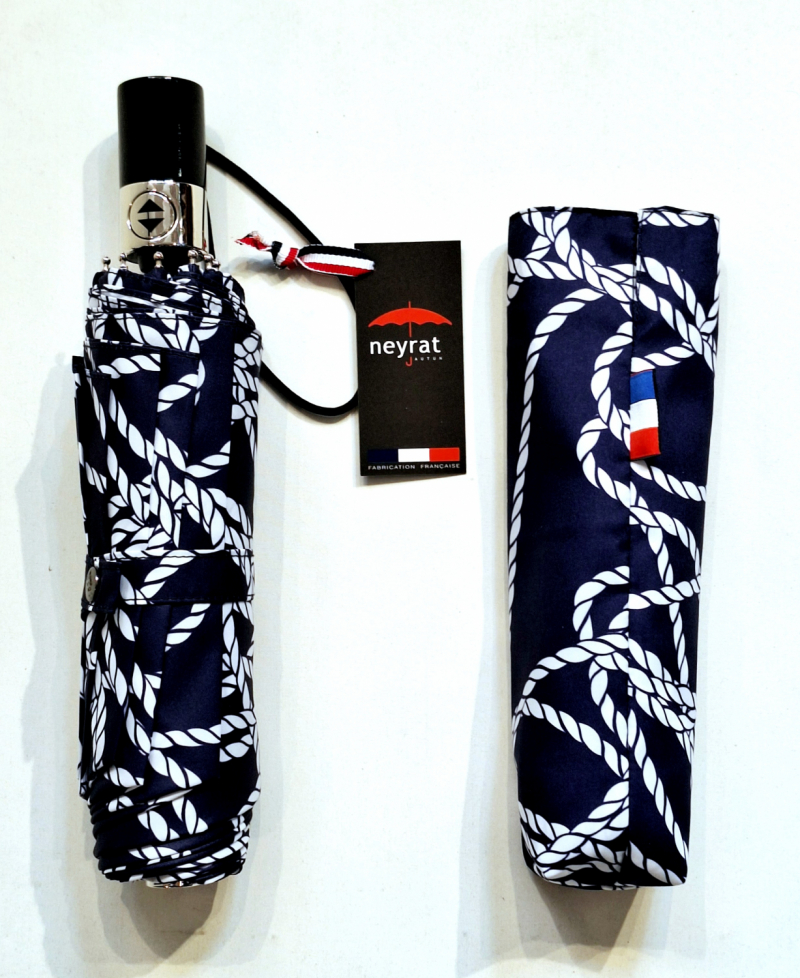 Parapluie pliant original pliant ouvré & fermé bleu marine imprimé cordon blanc Neyrat Français - Léger & solide