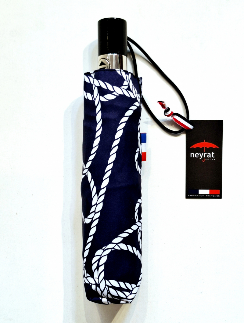 Parapluie pliant original pliant ouvré & fermé bleu marine imprimé cordon blanc Neyrat Français - Léger & solide