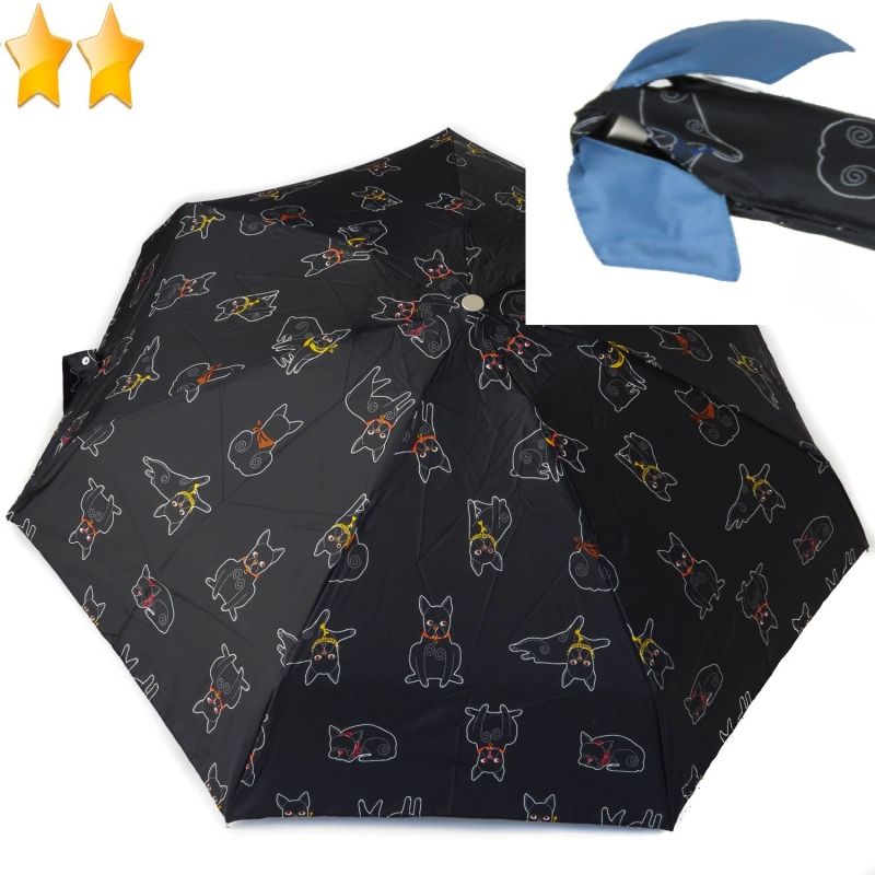 Micro parapluie de poche noir chiens à fourreau noeud bleu P.Vaux, léger et résistant