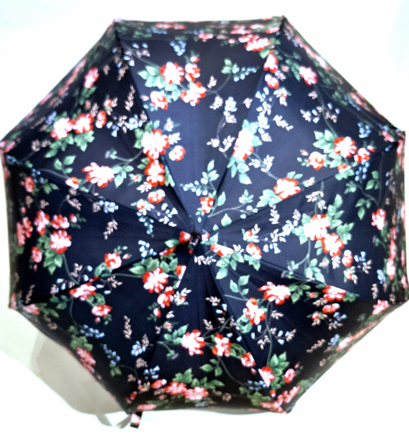Parapluie grand forme cloche automatique bleu marine imprimé petite fleurs Neyrat - léger & résistant