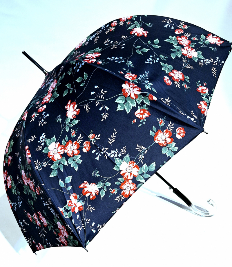 Parapluie grand forme cloche automatique bleu marine imprimé petite fleurs Neyrat - léger & résistant