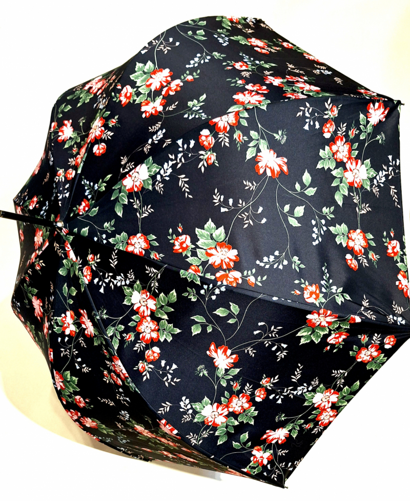 Parapluie grand forme cloche automatique bleu marine imprimé petite fleurs Neyrat - léger & résistant