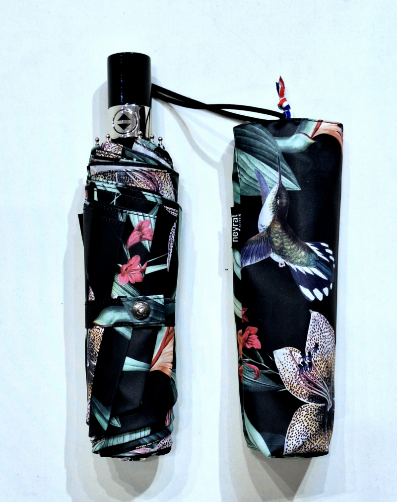 Parapluie mini pliant ouvrant & fermant noir imprimé fleurs LYS Neyrat Français - léger & résistant