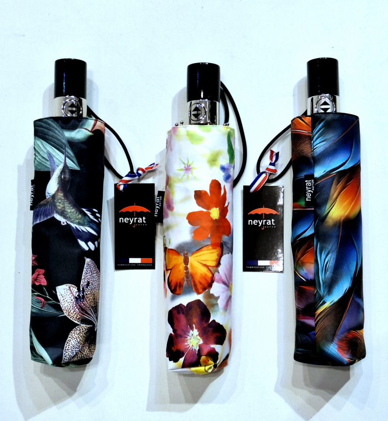 Parapluie mini pliant ouvrant & fermant noir imprimé fleurs LYS Neyrat Français - léger & résistant