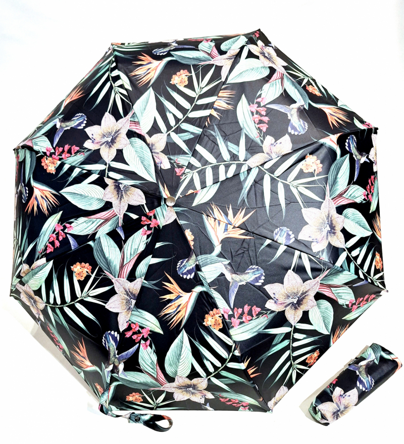 Parapluie mini pliant ouvrant & fermant noir imprimé fleurs LYS Neyrat Français - léger & résistant