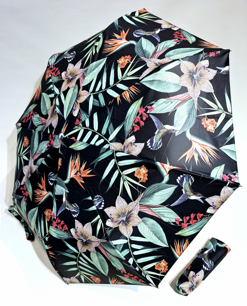 Parapluie mini pliant ouvrant & fermant noir imprimé fleurs LYS Neyrat Français - léger & résistant