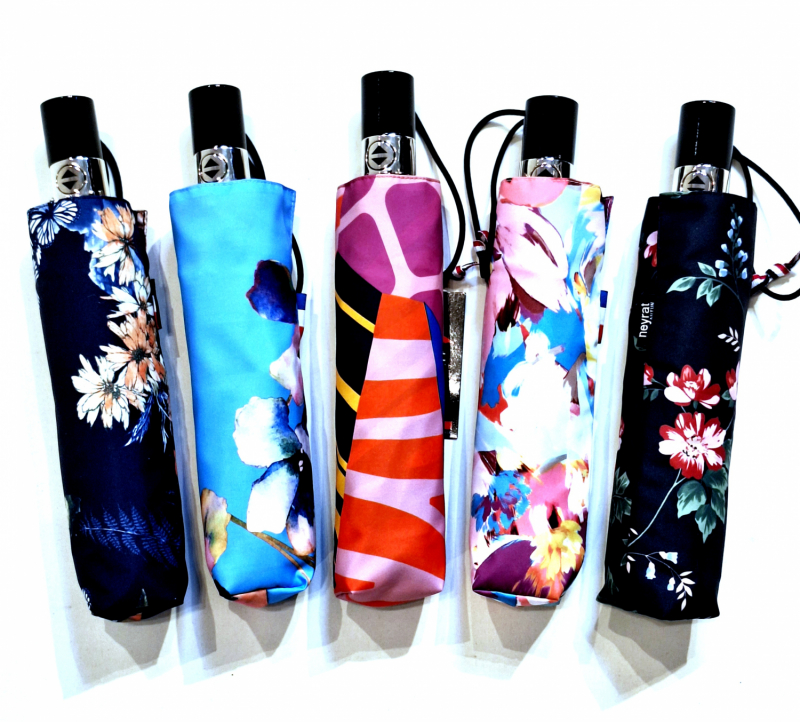 Parapluie mini pliant ouvrant & fermant noir imprimé fleurs LYS Neyrat Français - léger & résistant