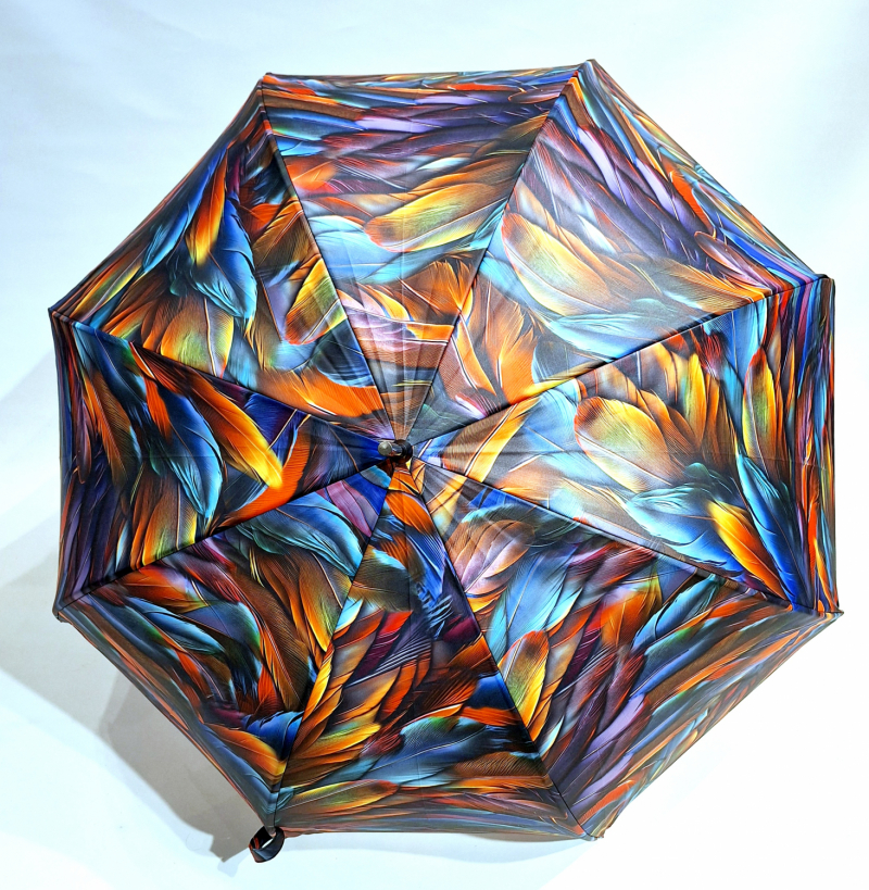 Parapluie grand forme cloche automatique imprimé plumes multicolore Neyrat - léger & résistant