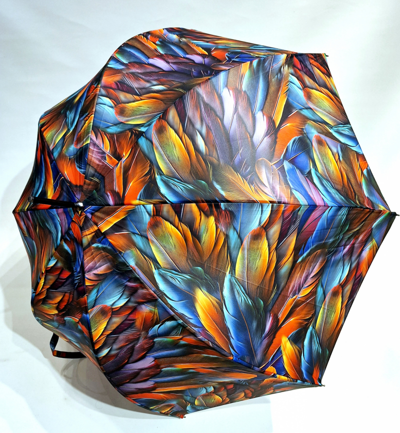 Parapluie grand forme cloche automatique imprimé plumes multicolore Neyrat - léger & résistant