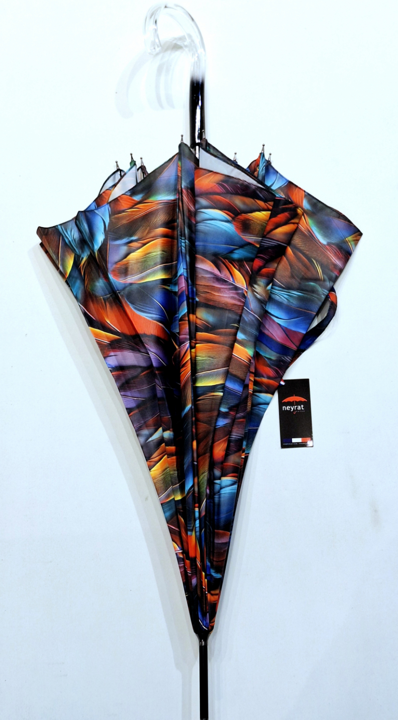 Parapluie grand forme cloche automatique imprimé plumes multicolore Neyrat - léger & résistant