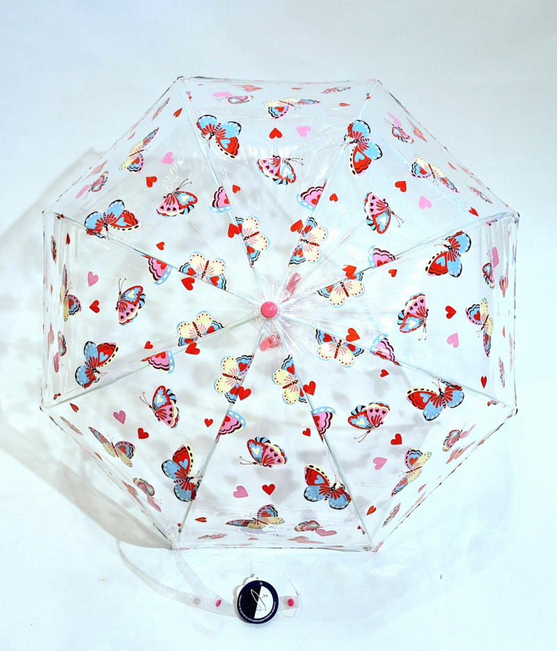 Parapluie enfant cloche transparent rose et papillons colorés - léger & solide