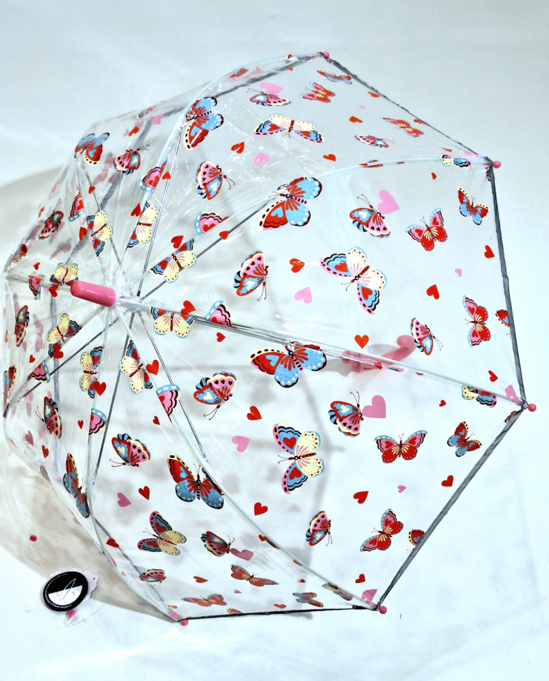Parapluie enfant cloche transparent rose et papillons colorés - léger & solide