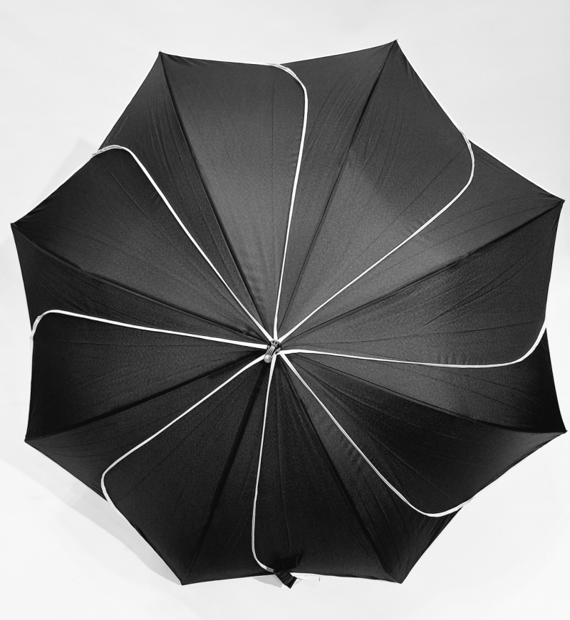 Parapluie long automatique en forme de fleur uni noir biais blanc P.Cardi - Résistant & Léger