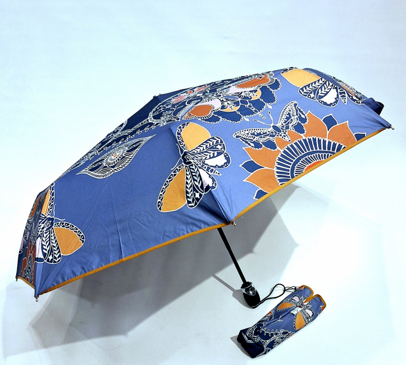 Parapluie mini français automatique ouvrant fermant bleu imprimé papillons Mandala Piganiol - Léger & résistant